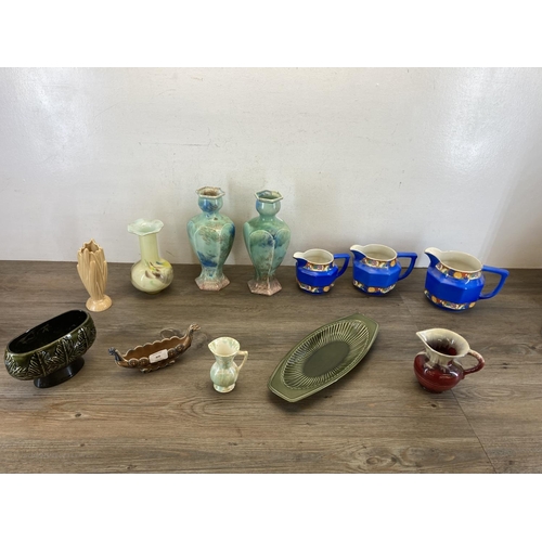 404 - A collection of ceramics and glassware to include pair of Art Deco mottle glazed vases, Sylvac 4207 ... 