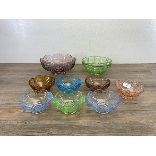 406 - Nine Art Deco Depression glass circular footed bowls - largest approx. 23cm diameter