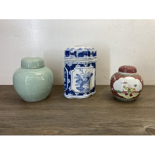 411 - Ten pieces of Chinese ceramics to include four ginger jars, two Famille Rose plates etc.