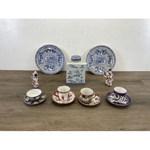 413 - Thirteen pieces of ceramics to include two Adams Chinese bird plates, four Oriental cups and saucers... 