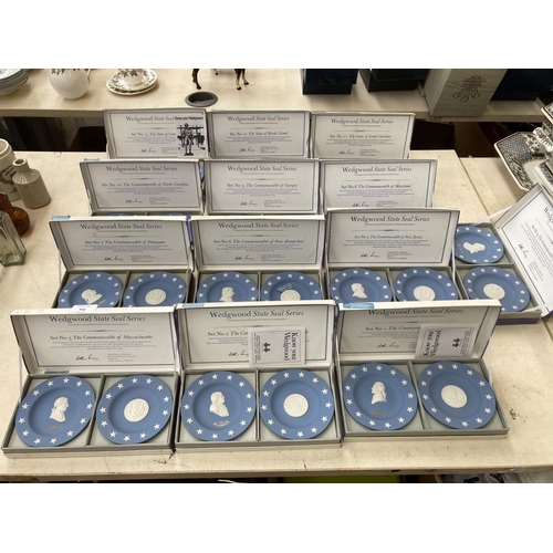 416 - Thirteen boxed pairs of Wedgwood State Seal Series Pale Blue Jasperware trinket dishes