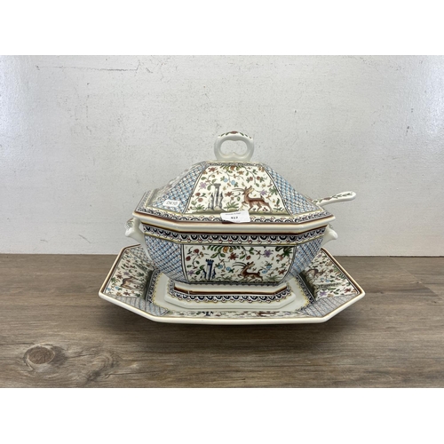 417 - A Portuguese hand painted ceramic lidden tureen with ladle and plate - approx. 28cm high