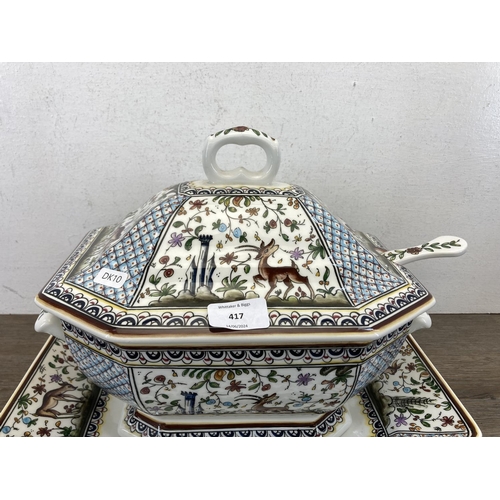 417 - A Portuguese hand painted ceramic lidden tureen with ladle and plate - approx. 28cm high