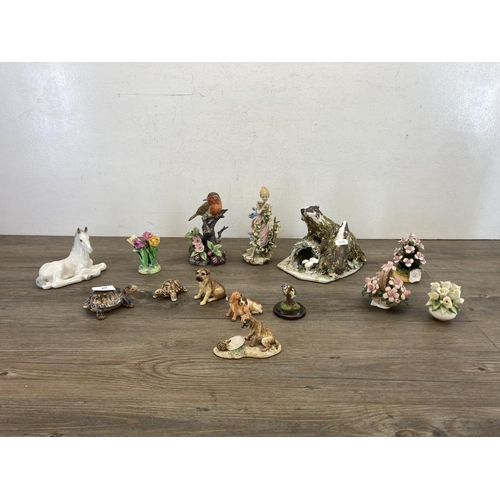 418 - Fourteen ceramic and resin figurines to include Capodimonte, Mavis Fox badger, USSR Lomonosov horse ... 