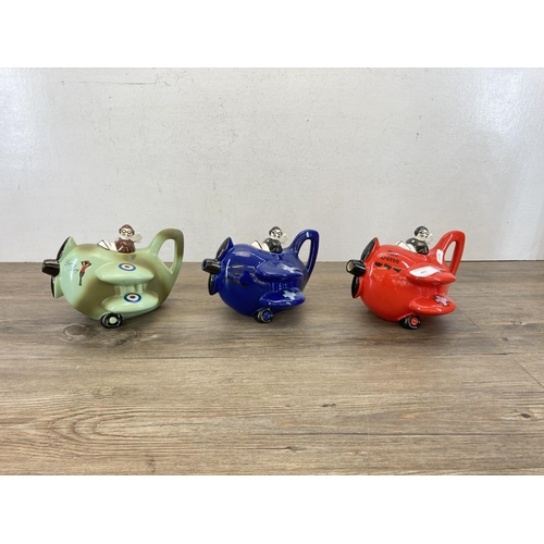 423 - Three Carton Ware ceramic aeroplane teapots, Red Baron, Lucy May and Blue Max