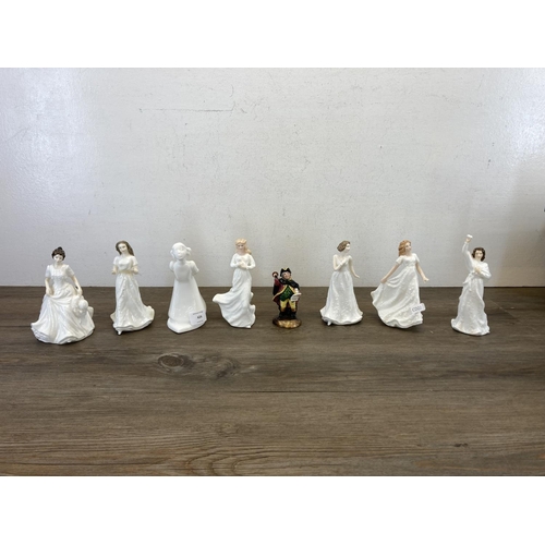 424 - Eight Royal Doulton figurines, Harmony HN4096, Sentiments Greetings HN4250, The Kiss Girl HN4065, Au... 