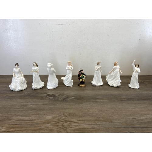 424 - Eight Royal Doulton figurines, Harmony HN4096, Sentiments Greetings HN4250, The Kiss Girl HN4065, Au... 