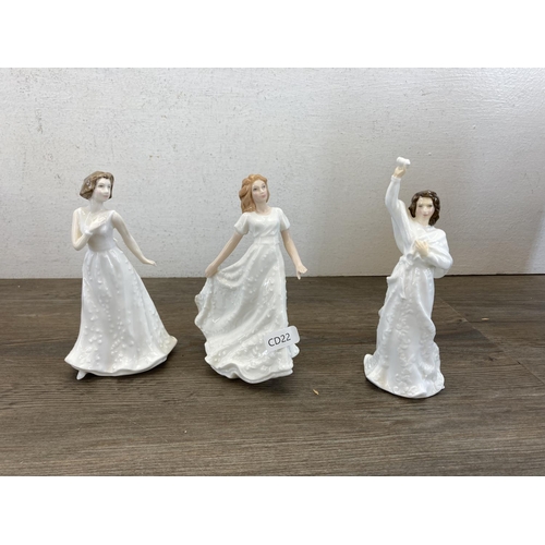 424 - Eight Royal Doulton figurines, Harmony HN4096, Sentiments Greetings HN4250, The Kiss Girl HN4065, Au... 