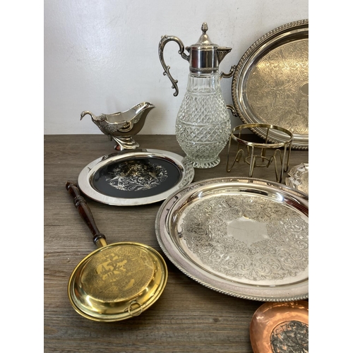 444 - A collection of antique and later metalware to to include Georgian style brass dressing mirror, EPNS... 