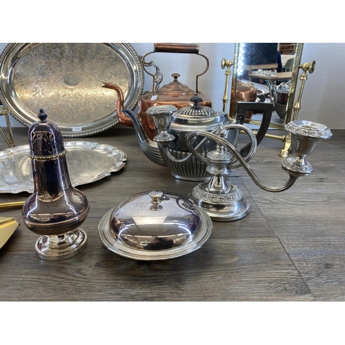 444 - A collection of antique and later metalware to to include Georgian style brass dressing mirror, EPNS... 