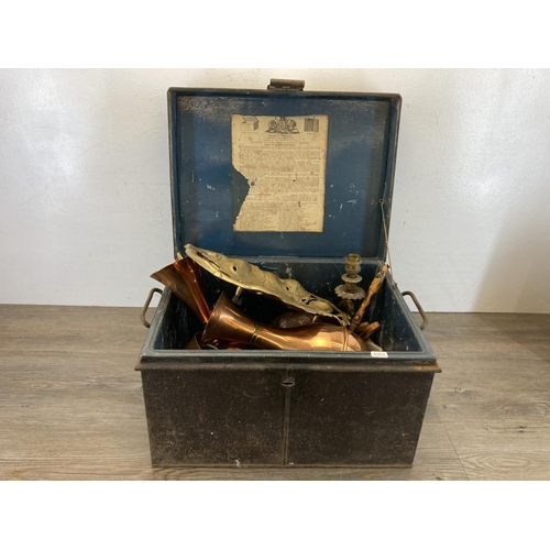 445 - An early 20th century Thomas Milner black metal deed box containing a collection of antique and late... 