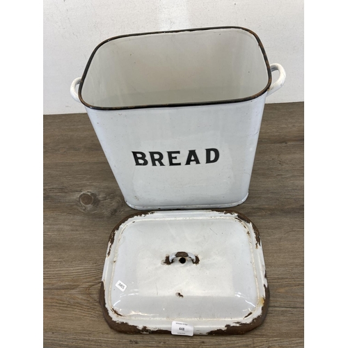 448 - A mid 20th century white enamel twin handled lidded bread bin - approx. 31cm high x 39cm wide x 25cm... 