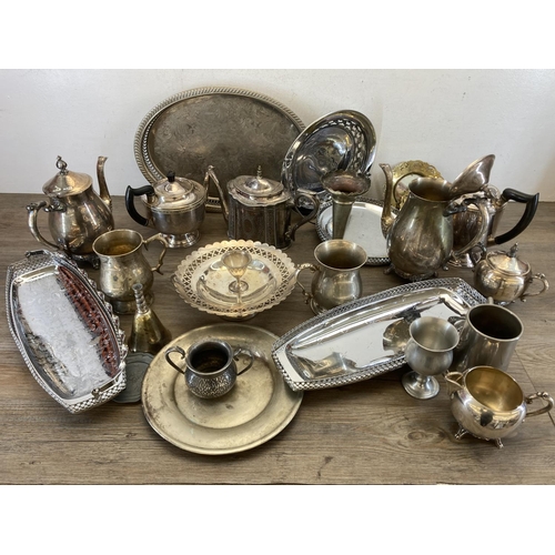 450 - A collection of antique and later metalware to include Victorian Walker & Hall silver plated teapot,... 