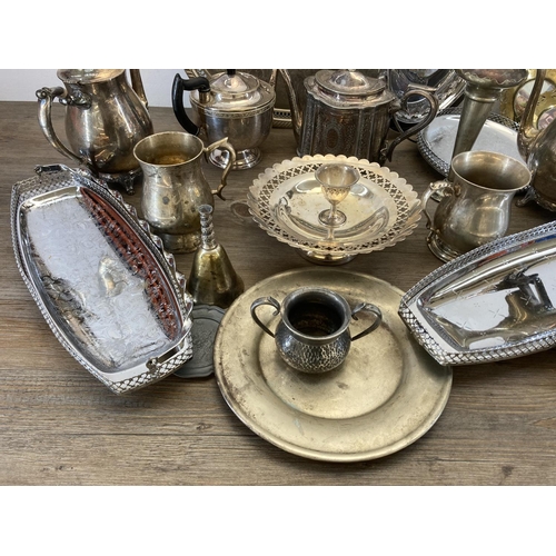 450 - A collection of antique and later metalware to include Victorian Walker & Hall silver plated teapot,... 