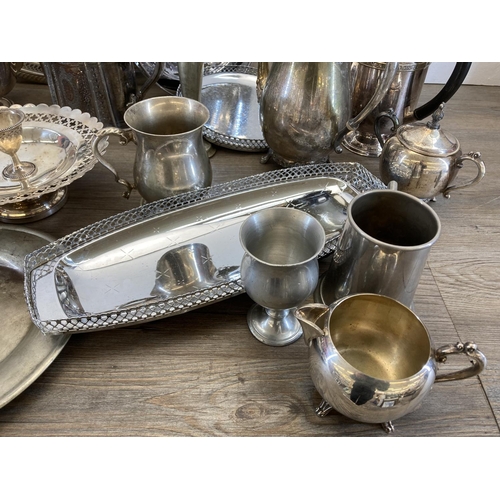 450 - A collection of antique and later metalware to include Victorian Walker & Hall silver plated teapot,... 