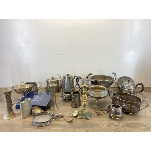 455 - A collection of antique and later metalware to include 19th century engraved EPNS four piece tea and... 