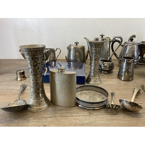 455 - A collection of antique and later metalware to include 19th century engraved EPNS four piece tea and... 