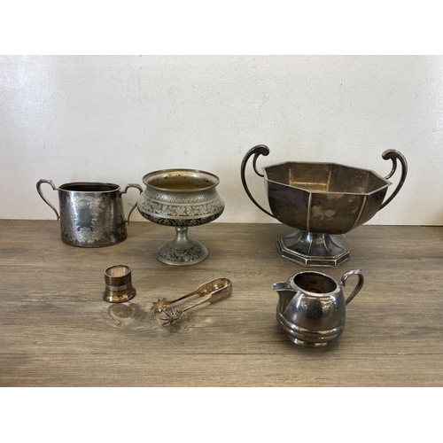 455 - A collection of antique and later metalware to include 19th century engraved EPNS four piece tea and... 