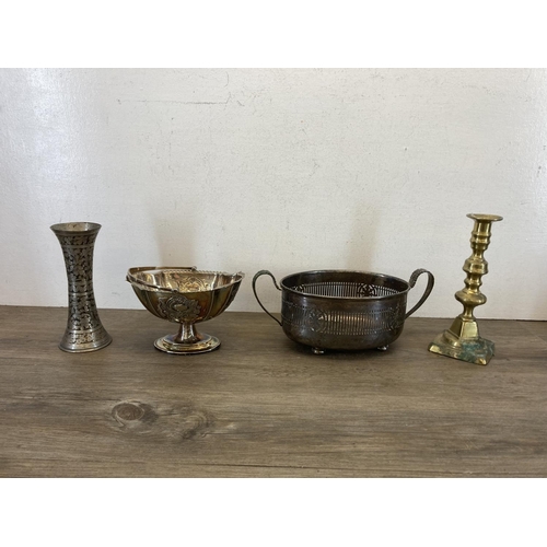 455 - A collection of antique and later metalware to include 19th century engraved EPNS four piece tea and... 