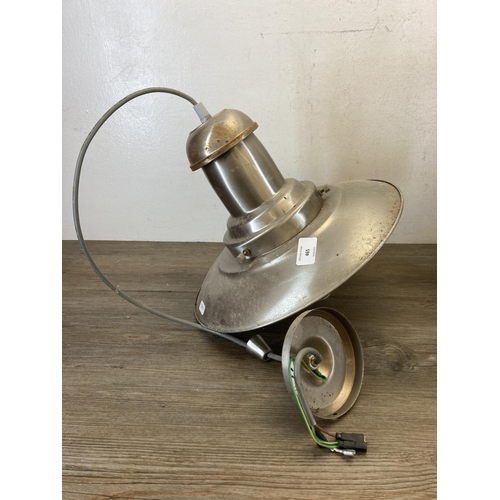 465 - Three pieces of lighting, one mid 20th century style brushed aluminium ceiling light and two brass o... 