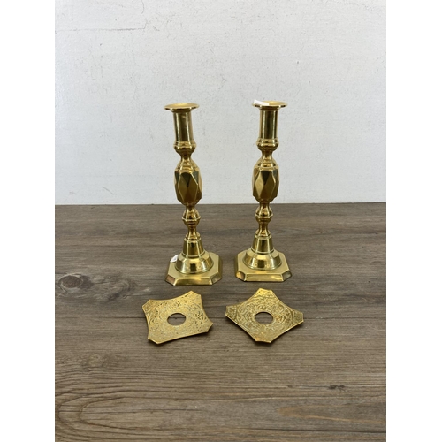 468 - A pair of vintage Queen of Diamonds brass candlesticks - approx. 24cm high together with two 19th ce... 