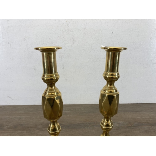 468 - A pair of vintage Queen of Diamonds brass candlesticks - approx. 24cm high together with two 19th ce... 