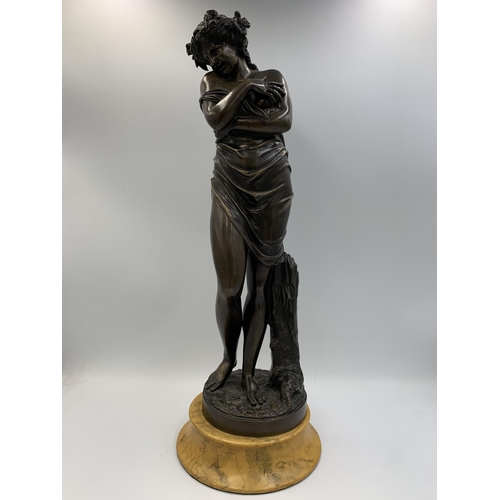 2300 - A patinated bronze sculpture after Jean-Antoine Houdon (1741-1828) on yellow marble finish plinth, t... 