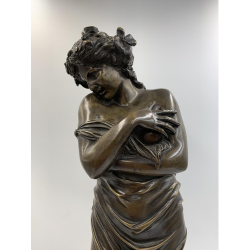 2300 - A patinated bronze sculpture after Jean-Antoine Houdon (1741-1828) on yellow marble finish plinth, t... 