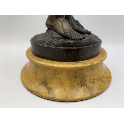 2300 - A patinated bronze sculpture after Jean-Antoine Houdon (1741-1828) on yellow marble finish plinth, t... 