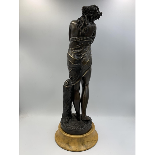 2300 - A patinated bronze sculpture after Jean-Antoine Houdon (1741-1828) on yellow marble finish plinth, t... 