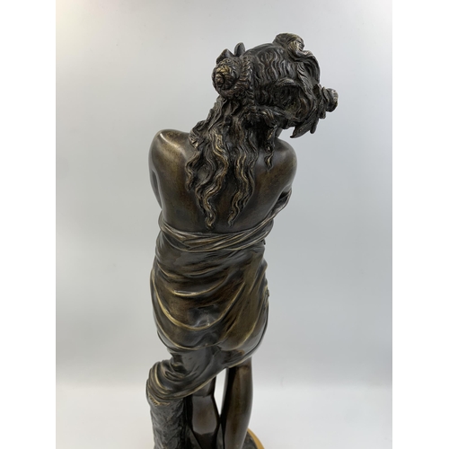 2300 - A patinated bronze sculpture after Jean-Antoine Houdon (1741-1828) on yellow marble finish plinth, t... 