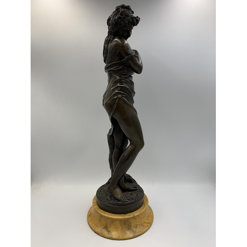 2300 - A patinated bronze sculpture after Jean-Antoine Houdon (1741-1828) on yellow marble finish plinth, t... 