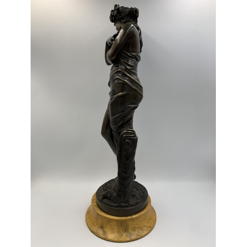 2300 - A patinated bronze sculpture after Jean-Antoine Houdon (1741-1828) on yellow marble finish plinth, t... 