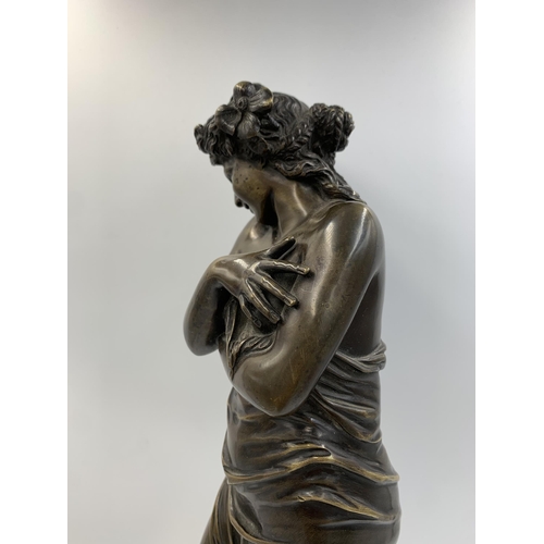 2300 - A patinated bronze sculpture after Jean-Antoine Houdon (1741-1828) on yellow marble finish plinth, t... 