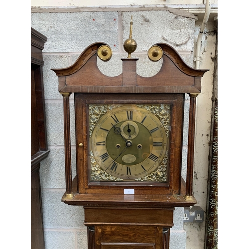 25 - A Georgian George Edwards Uttoxeter oak and mahogany cased grandfather clock with brass face, pendul... 