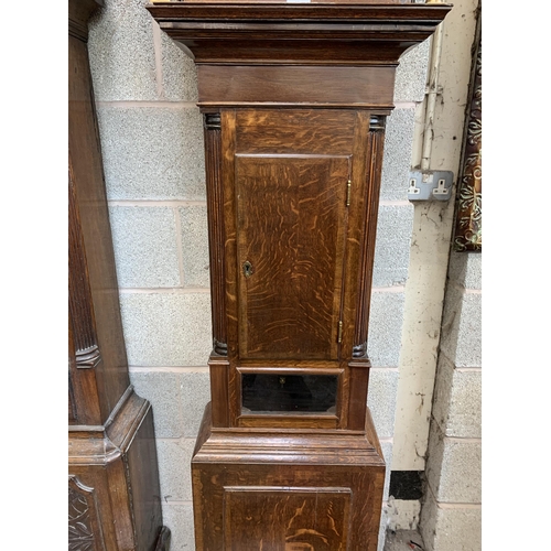 25 - A Georgian George Edwards Uttoxeter oak and mahogany cased grandfather clock with brass face, pendul... 