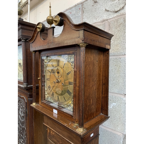 25 - A Georgian George Edwards Uttoxeter oak and mahogany cased grandfather clock with brass face, pendul... 