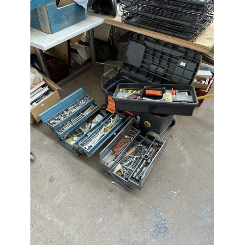 Three tool boxes, one rolling chest with contents and two concertina