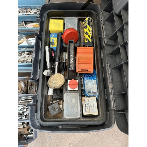Three tool boxes, one rolling chest with contents and two concertina