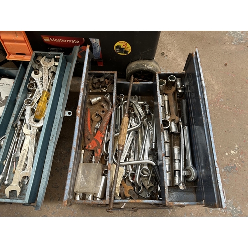 Three tool boxes, one rolling chest with contents and two concertina