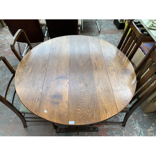 72 - Six pieces of furniture, one vintage oak drop leaf dining table with lower stretcher, two early/mid ... 