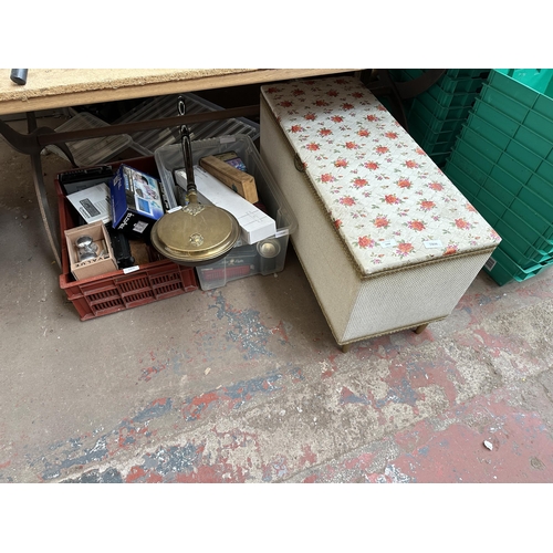 1102 - Two boxes and one blanket box to include brass bed warming pan, vintage tins, In Phase digital photo... 