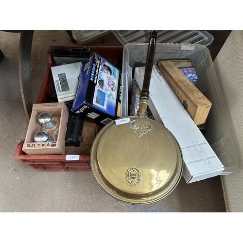 1102 - Two boxes and one blanket box to include brass bed warming pan, vintage tins, In Phase digital photo... 