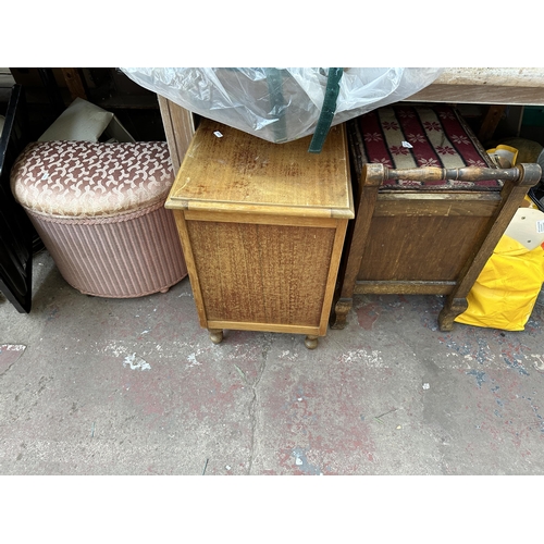 1104 - A collection of house clearance items to include galvanized buckets, oak storage stool, oak blanket ... 