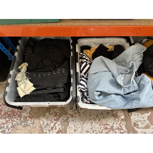 1106 - Nine boxes containing various branded clothing and postage bags to include Top Man denim shirt, Adid... 