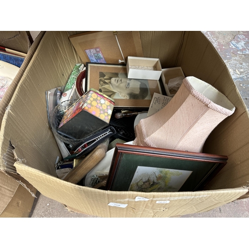 1108 - Seven boxes containing Shelley ceramics, glassware, vintage leather suitcases, vintage photo album e... 