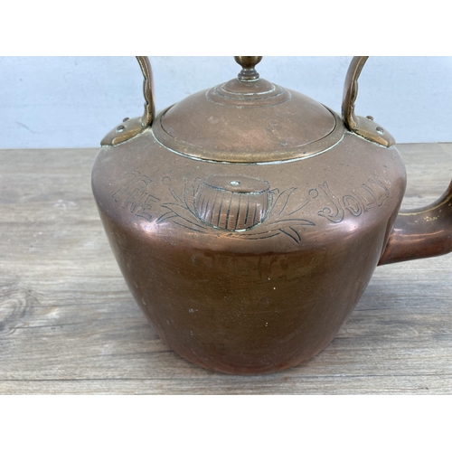 543 - A 19th century William Soutter & Sons copper kettle with engraved 'The Jolly Anglers' fishing design... 