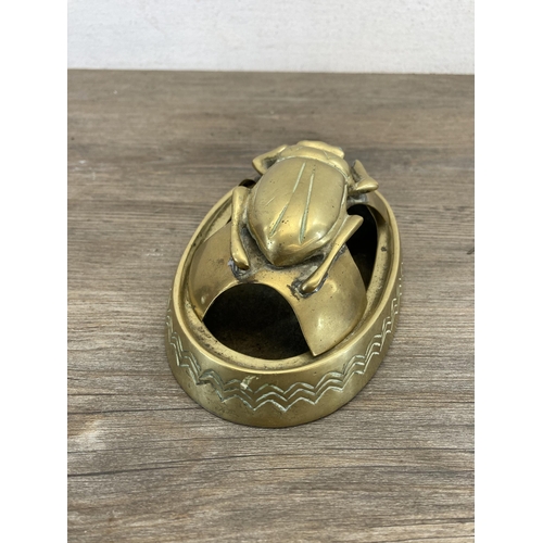 559 - An antique Egyptian Revival engraved brass scarab beetle ashtray - approx. 14.5cm long x 10cm wide