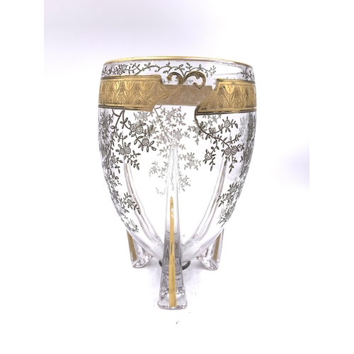 411 - An antique etched and gilded glass tri-footed vase - approx. 24cm high x 14cm diameter