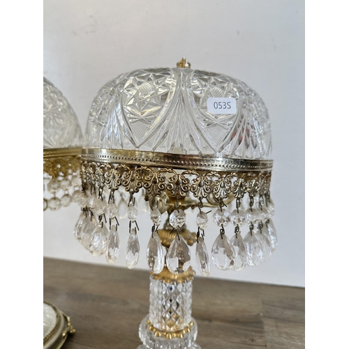 635 - Two mid 20th century brass and cut glass domed table lamps - largest approx. 57cm high